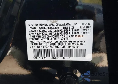 2012 Honda Pilot Ex-L из США, поврежденный, VIN 5FNYF3H64CB021936